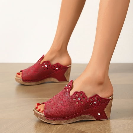 

XIAQUJ Ladies Fashion Summer Hollow Flower Embroidered Leather Open Toe Slope Heel Thick Sole Sandals Sandals for Women Red 7(38)