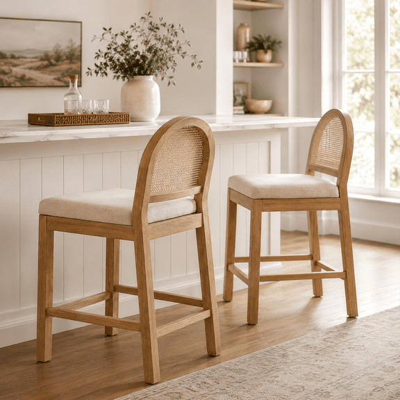 LAZZO Rattan Bar Stools Set of 2, Wooden Counter Height Stools with Rattan Woven Back and Chenille Seat for Dining Room, Beige