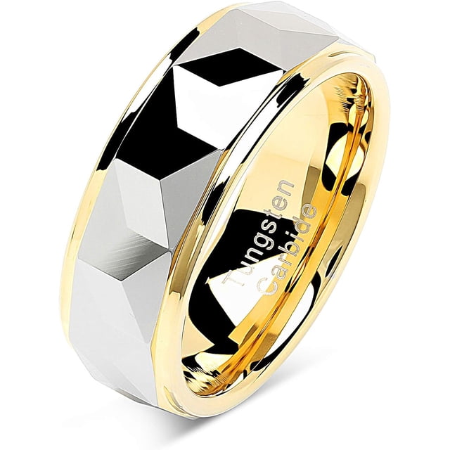 FILLMOR Tungsten Rings for Men Women Wedding Band Polished Facet Cut Gold Step Edge Sizes 8-16