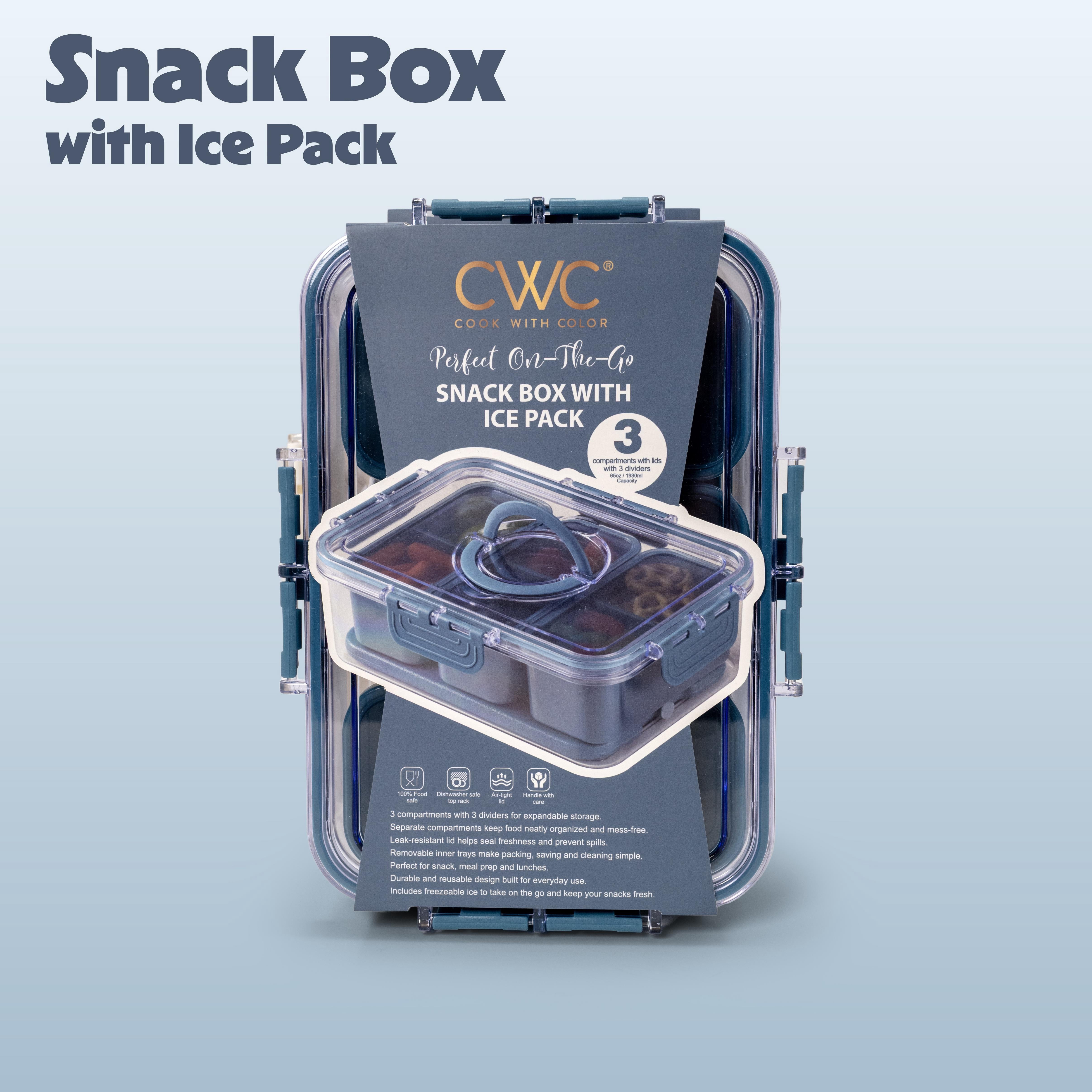 (3 pack) Cook with Color 3-Compartment Snack Box with Removable Ice Pack, Portable Food Storage with Locking Lid and Handle, Blue