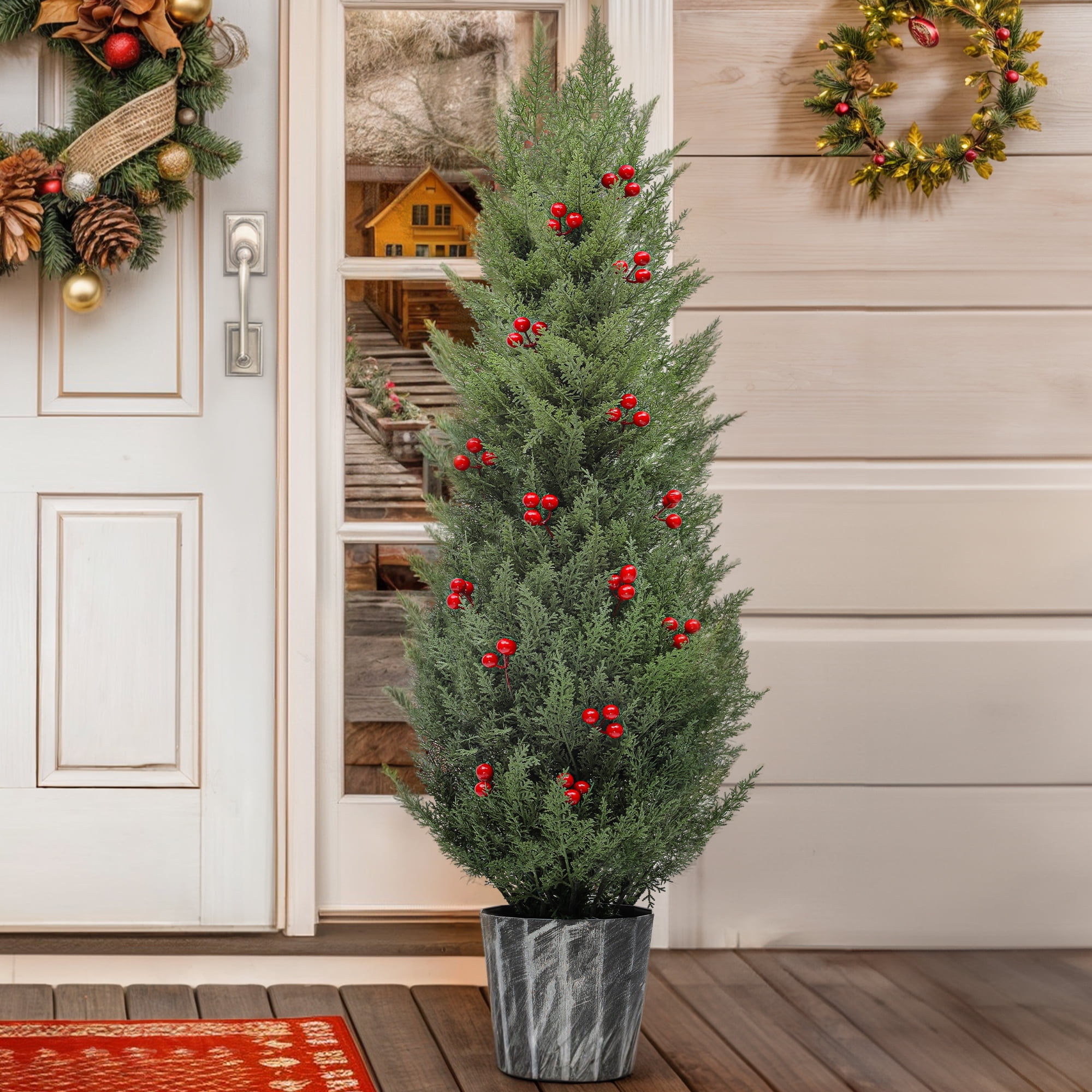 Uforic 4FT Artificial Cedar Topiary Tree ,Outdoor UV Resistant Artificial Cedar Tree Potted Plants with red Berries,for Home, Porch, Office Decor,1 Pcs