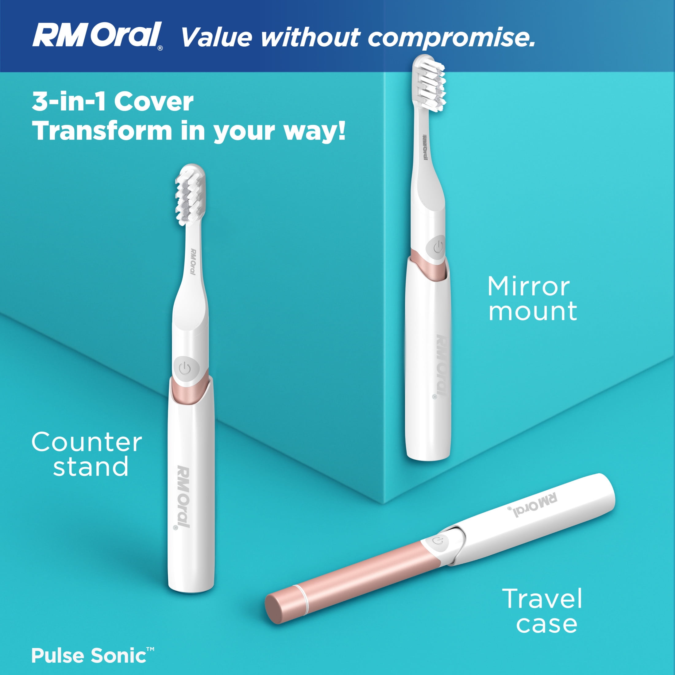 RM ORAL Pulse Sonic Powered Toothbrush, Metal Handle, Case, Soft - Rose-Gold
