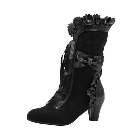 

GNEIKDEING Women Mid Calf Boots Autumn And Winter Foreign Trade Ruffle Bow Comfortable Ribbon Lace Up Gift on Clearance