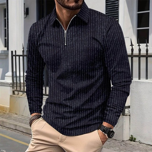 Blusa y camisa de manga larga con cuello vuelto para hombre, informal, de manga larga, con cremallera y solapa a rayas, blusa de manga larga con cuello vuelto, blusa de poliéster para hombre