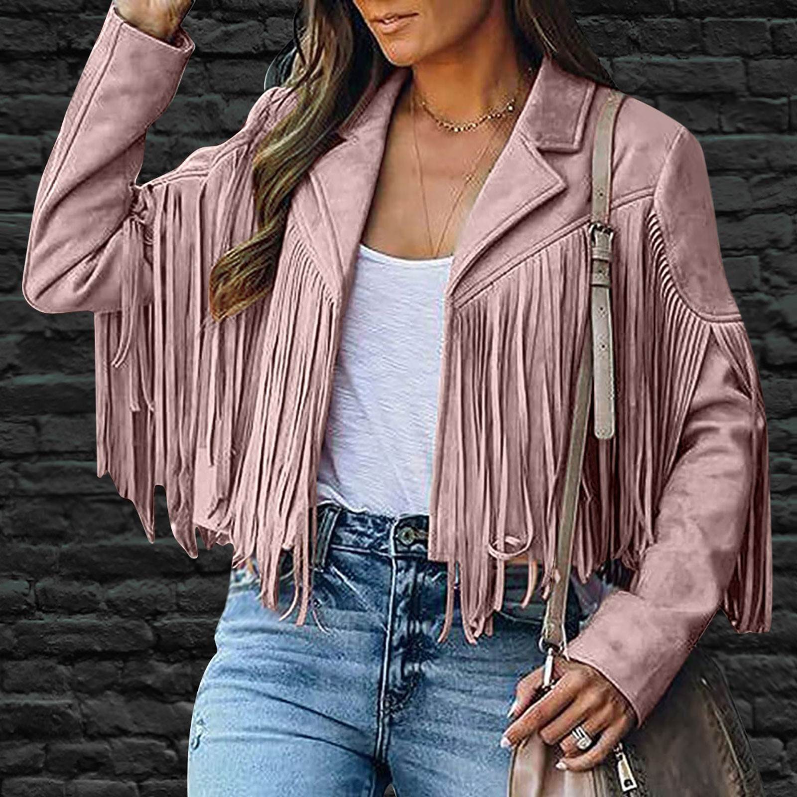 Womens 2023 Fashion Faux Suede Tassel Jackets,Lapel Cropped Motorcycle Jacket Outerwear - image 5 of 9
