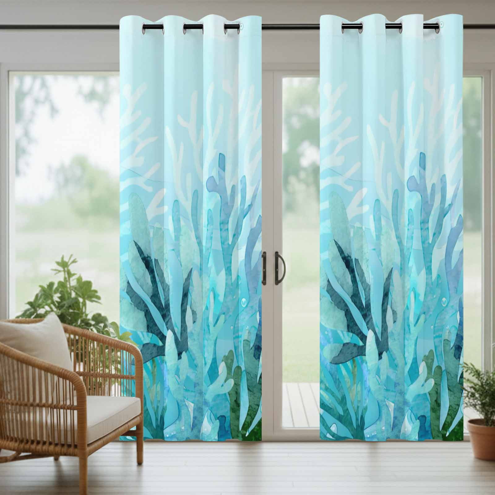 Blue Gradient Coral Outdoor Curtains for Patio, Ocean Coastal Sea Watercolor Coral Sunshade Privacy Drapes Grommet Waterproof Outside Curtains for Porch/Cabana/Balcony 54"x 108", 1 Panel