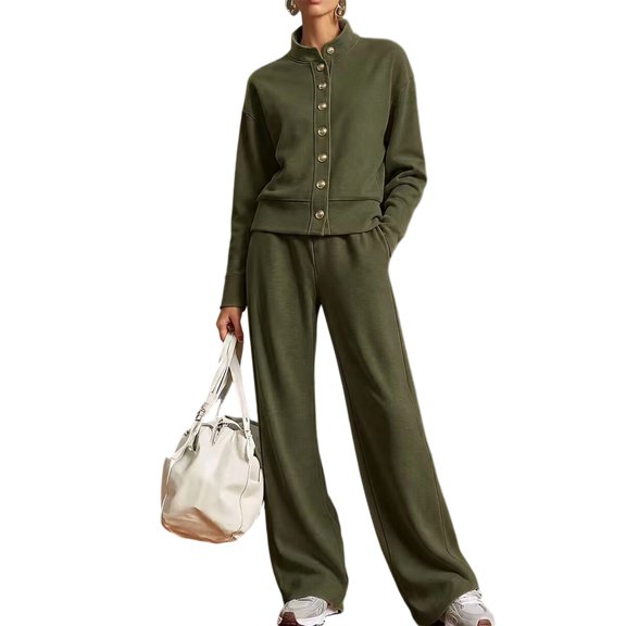 Women's 2 Piece Outfits Casual Lapel Half Zip Sweatshirts and Wide Leg Pants Tracksuit Sets