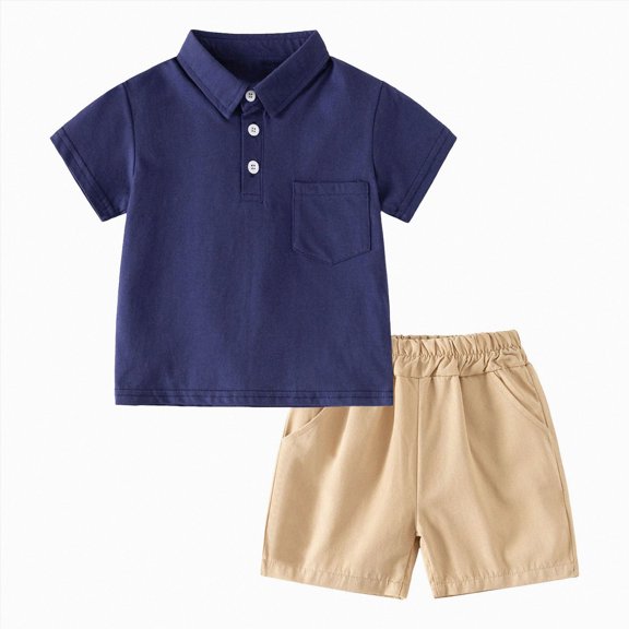 Xudanell Newborn Baby Boy Summer Outfits Solid Color Short Sleeve Crewneck Tee Elastic Waist Shorts Infant 2 Piece Set With Pocket Design Navy 12-18 Months