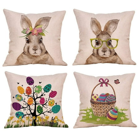 

Wovilon Pillows Throw Pillows 4Pcs Easter Rabbit Eggs Throw Pillow Covers New Spring Flowers Tree Home Decor