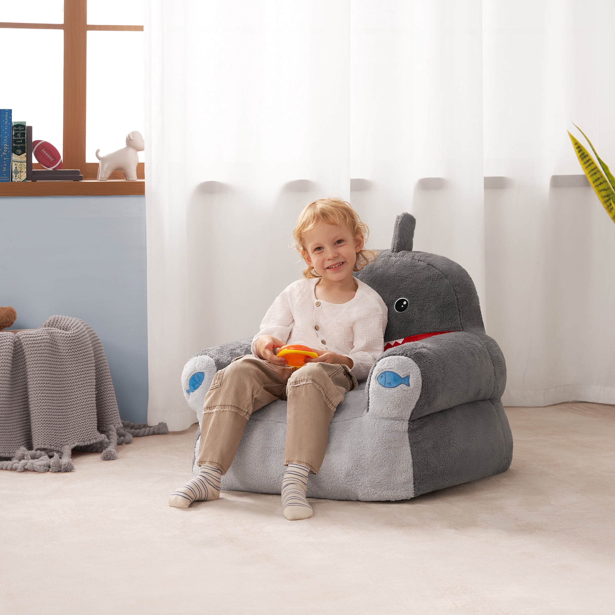 Lounge & Co Kids Shark Large Foam Filled Bean Bag Chair, Gray Plush, 25" W x 20" D x 23" H