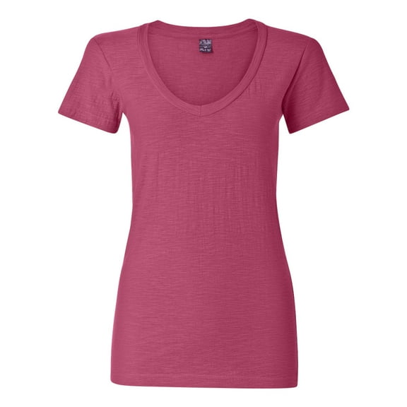 J. America B57728033 Women V-Neck Slub T-Shirt, Wildberry - Small