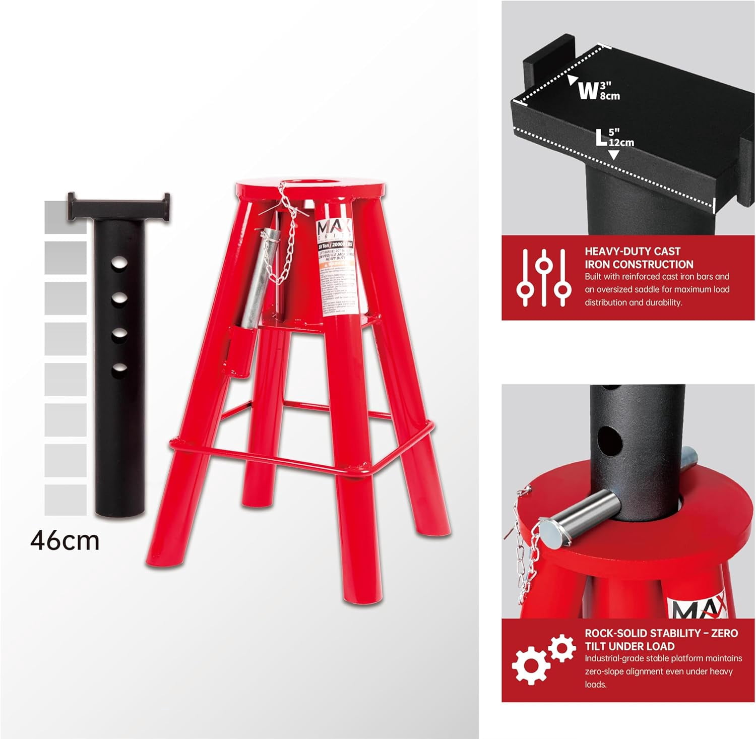 10 Ton (20,000) Medium Heavy-Duty Jack Stands, 1 PC, 20″ to 30.5″