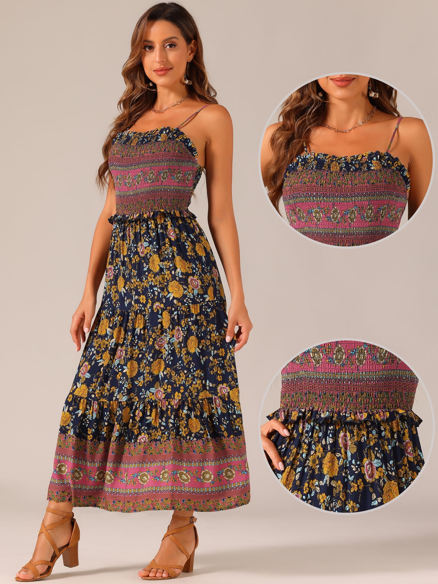 DARING DIVA Spaghetti Strap Smocked Maxi Boho Floral Dress S Navy Blue