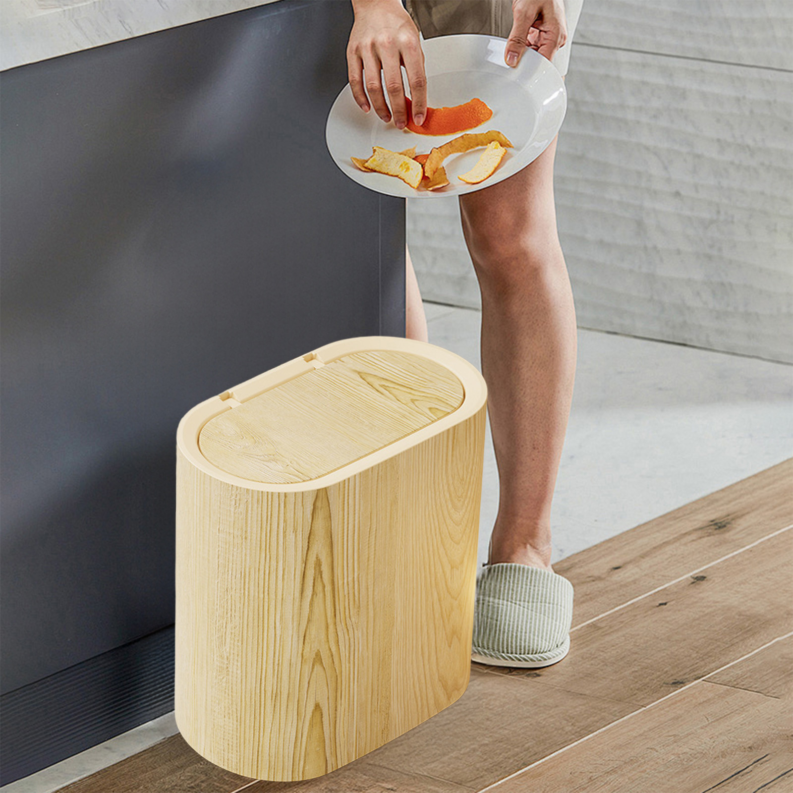 Plastic Wood Pattern Trash Can Small Garbage Bin with Lid for Bathroom Narrow Wastebasket Modern Wastebasket for Home Indoor Hotel, 6x11x11in