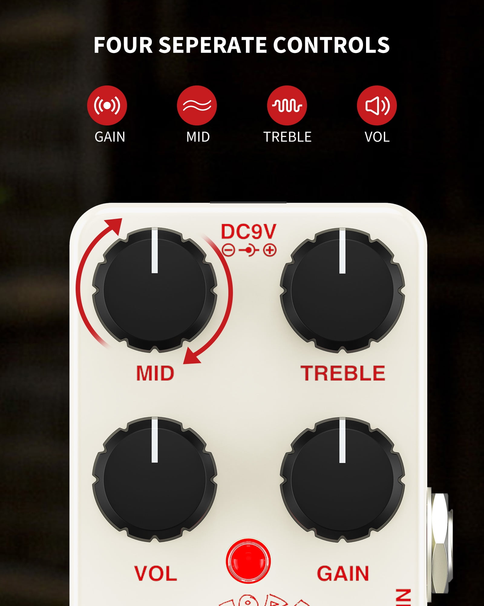 POGOLAB Distortion Guitar Pedal Mini Analog Distortion Pedal Two-Brand EQ Mid and Treble True Bypass DC 9V for Electric Guitar