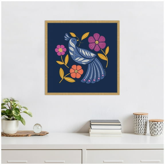 Kate and Laurel Boho Folk Art Bird Blue and Gold Framed Canvas Wall Art by Carey Copeland 22 x 22 Sylvie Bright Gold, Bohemian, Animals, Flowers, Nature Art for Wall Decor, Living Room, Bedroom