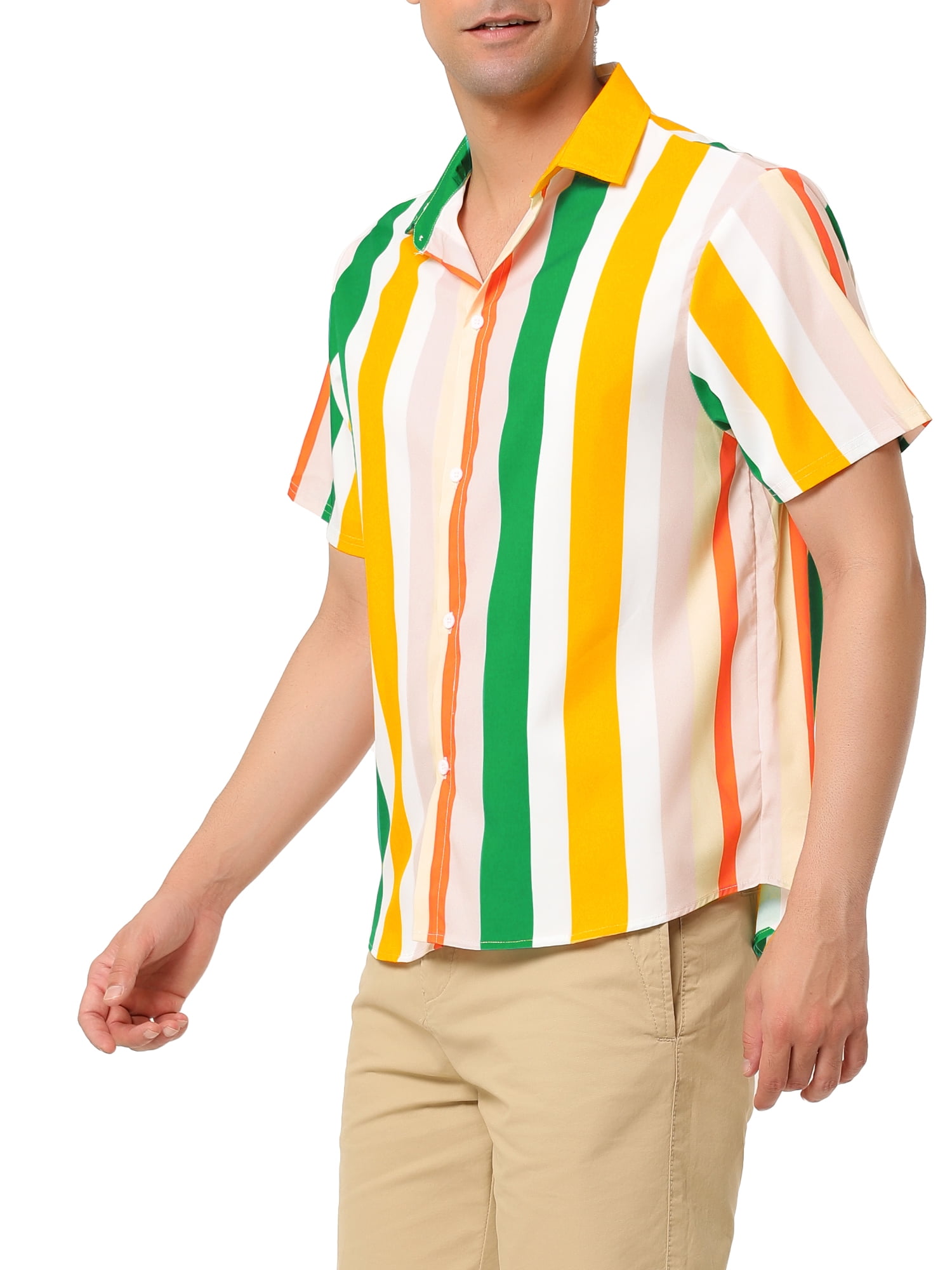 Unique Bargains Men's Summer Striped Shirt Short Sleeve Button Down Beach Shirts XL Pink Green Orange