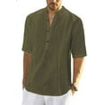 thumbnail image 1 of Camisas de lino para hombre, de manga corta, informales, de algodón, con botones, estilo henley, para playa, de verano, corte regular, 1 of 5
