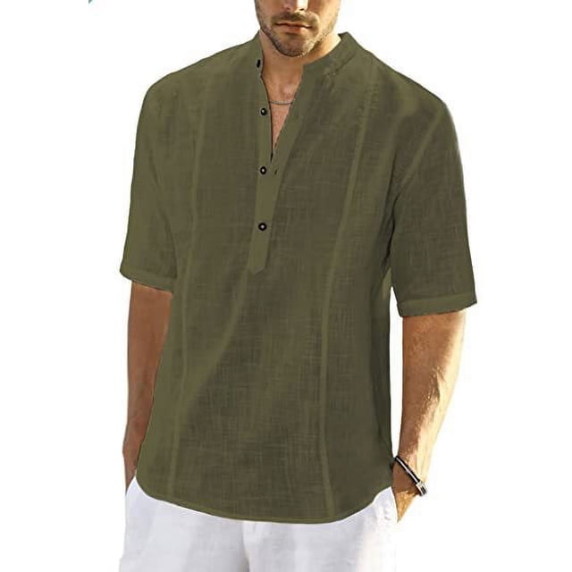 Camisas de lino para hombre, de manga corta, informales, de algodón, con botones, estilo henley, para playa, de verano, corte regular