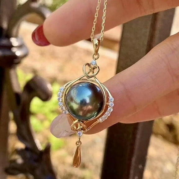 EOEMY Pretty Design Aaaa 10-9mm Tahitian Black Round Pearl Pendant Necklace 925S