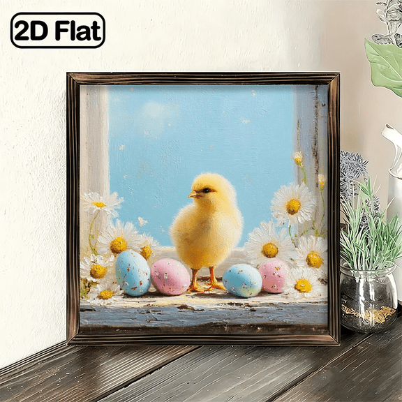 1pc Easter Chick With Pastel Eggs And Daisies On Window Wooden Framed Sign, Spring Garden Theme, Wall Hanging, Dreamy Easter Decor, Bedroom Accent, Farmhouse Kitchen Decorative Signs Plaques