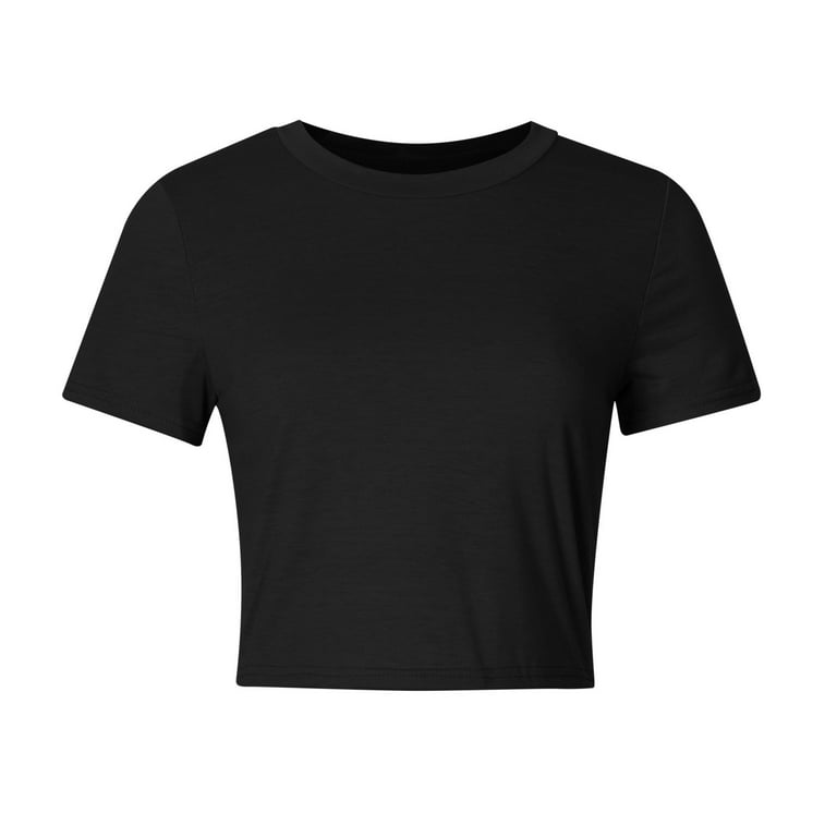 Womens Short Sleeve Plain T-Shirt Classic-Fit Round Neck Casual Crop Tops 