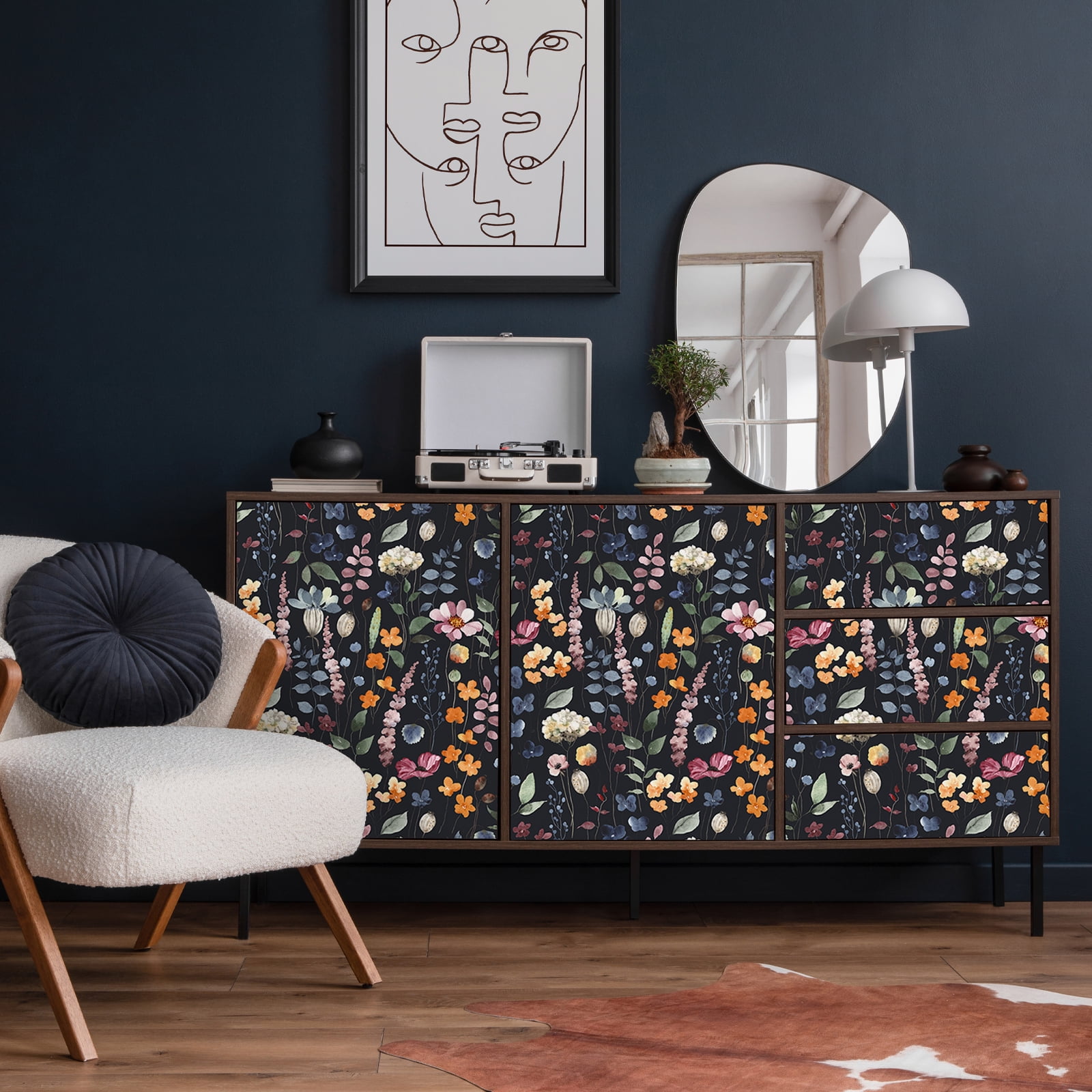 VEELIKE 17.7''x354'' Dark Pressed Flowers Floral Wallpaper Vintage Floral Peel and Stick Wallpaper for Bathroom Removable Wallpaper Decorative Contact Paper Mural for Bedroom Walls Cabinets Shelves