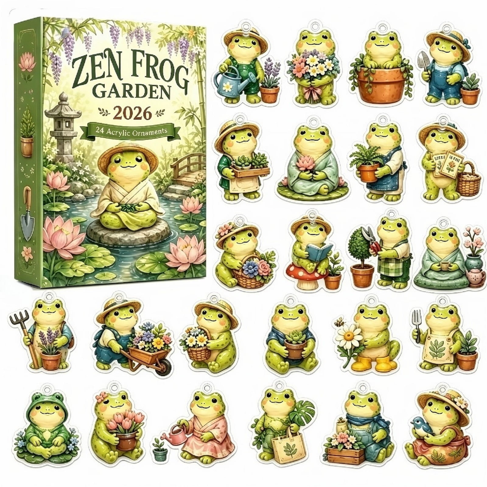 Zen Frog Garden Advent Calendar 2026 24 Days Countdown Calendar with 2D Flat Acrylic Xmas Ornaments Frog Theme Holiday Tree Decorations Set Christmas Tree Ornaments Gifts for Frog Lovers