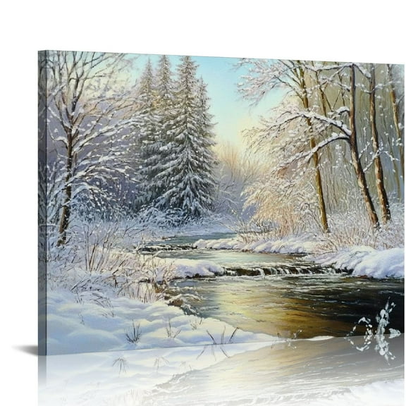 NJSTORE  Canvas Print Wall Art Winter River in Snowy Forest Nature Wilderness Illustrations Modern Art Rustic Scenic Colorful Multicolor Zen for Living Room, Bedroom, Office