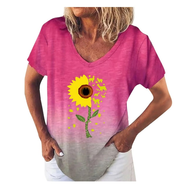 TSADFHJI Hauts pour Femmes Manches Longues Mode Femmes Col en V Imprimé Manches Courtes Tournesol T-Shirt Ample TG Rouge