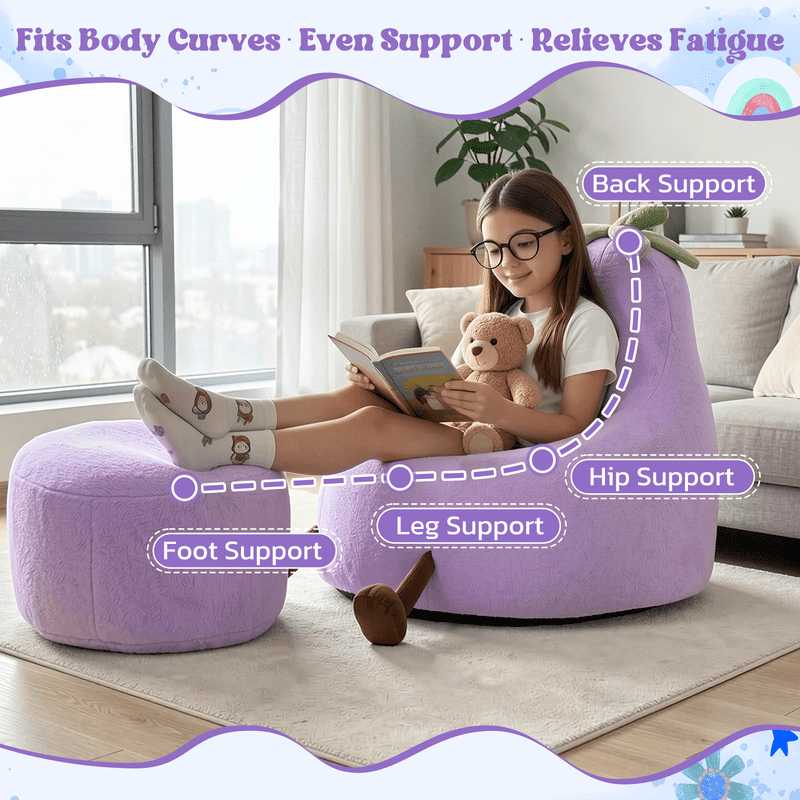 Simple Deluxe 2.5 ft Kids Bean Bag Chair, Faux Rabbit Fur Round Sofa with Handle and Washable Cover, Purple