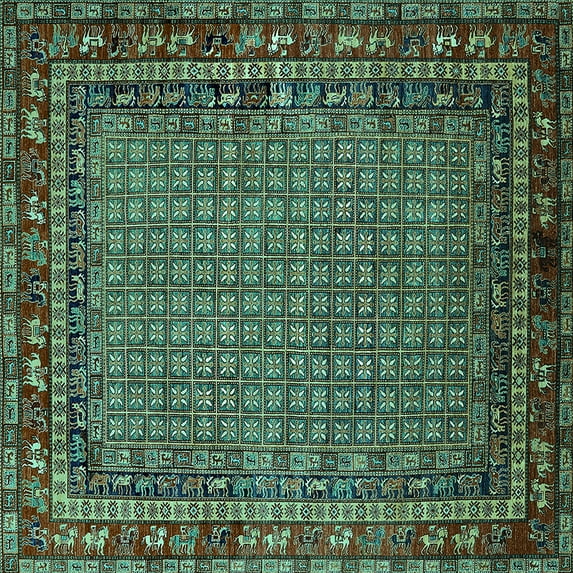 Ahgly Company Machine Washable Indoor Square Oriental Turquoise Blue Industrial Area Rugs, 8' Square
