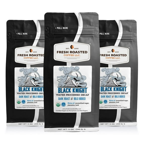 3 pack Fresh Roasted Coffee, Organic Black Knight Water-Processed Decaf Coffee, Dark Roast, Ground, 12 oz