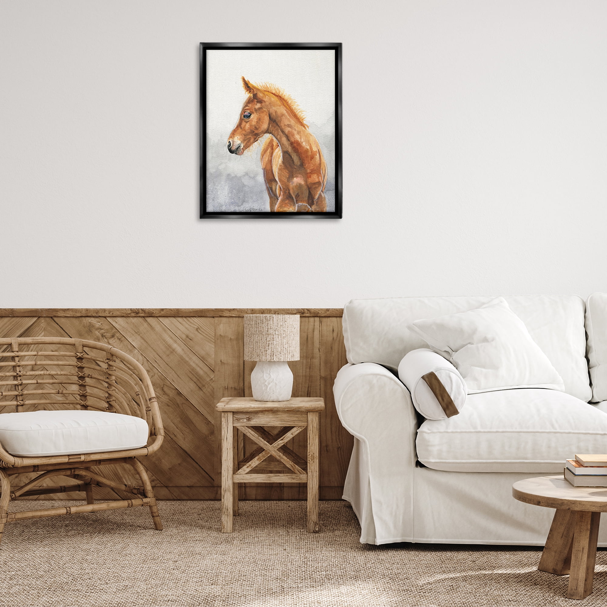 Stupell Industries Watercolor Brown Foal Animals Painting Black Floater Framed Canvas Art Print Wall Art, 25 x 31