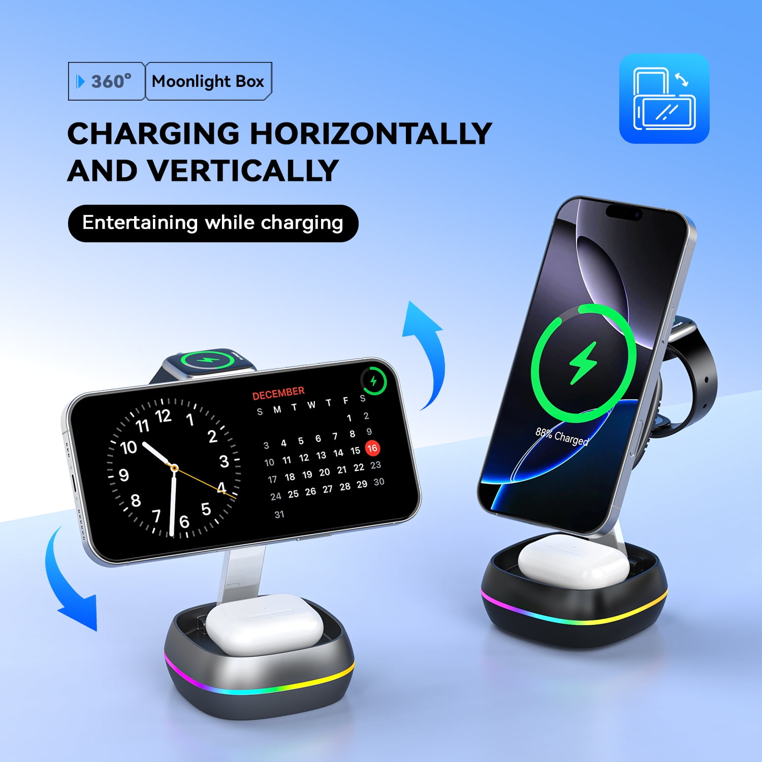3-in-1 Foldable Wireless Charger Stand, 15W Fast Charging Station for iPhone, Apple Watch, AirPods, Desktop & Car Mount Compatible with iPhone 16/15/14/13/12 Series