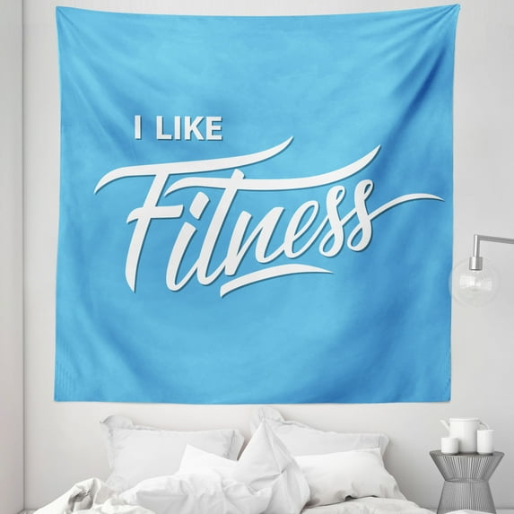 Fitness Tapestry, I Like Fitness Sports and Work out Athletic Lifestyle Theme Exercise Health, Fabric Wall Hanging Decor for Bedroom Living Room Dorm, 5 Sizes, Pale Blue White, by Ambesonne