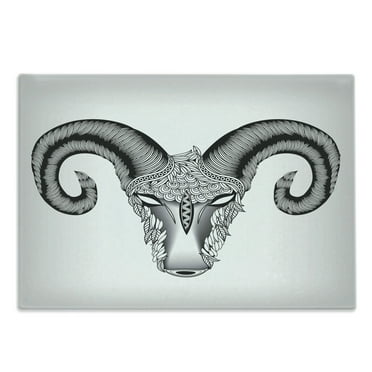 Zodiac Aries Cutting Board, Head of Aries Illustration with Motifs, Decorative Tempered Glass Cutting and Serving Board, Large Size, Pale Grey White, by Ambesonne