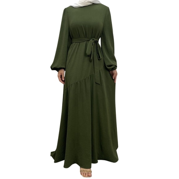 Elegant Dubai Swing Dress for Women Loose Fit Long Sleeve Round Neck Zipper Front Solid Color Abaya