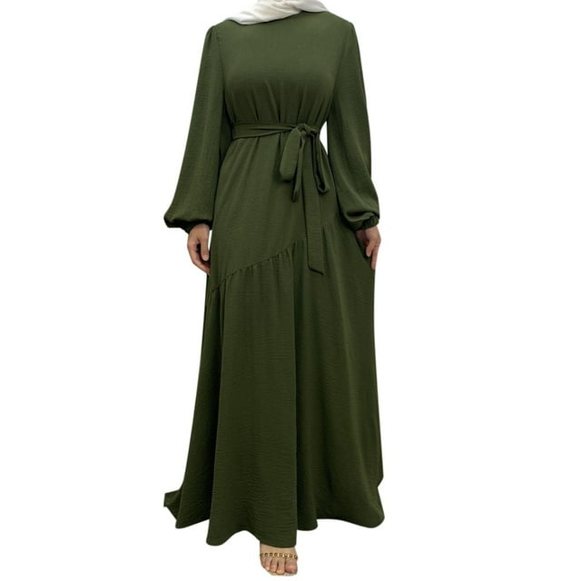 asddcavvf Robes pour Femmes Femmes Moyen Dubai Musulman Ample Couleur Unie Col Rond Ceinture à Empiècements Fermeture Éclair
