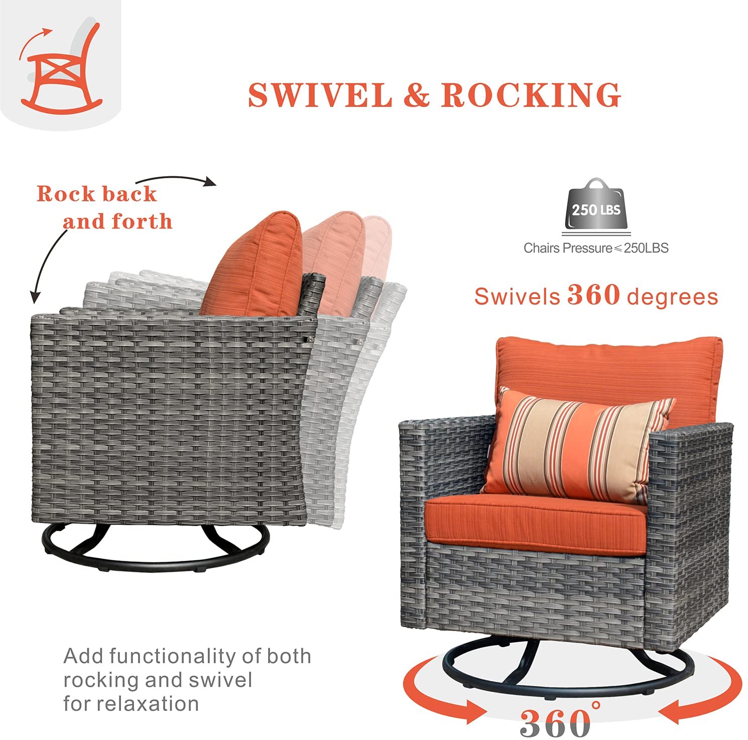 Ovios 3 Pieces Outdoor Furniture with 360°Swivel Rocker Chair Wicker Patio Bistro Set with Side Table - image 3 of 8