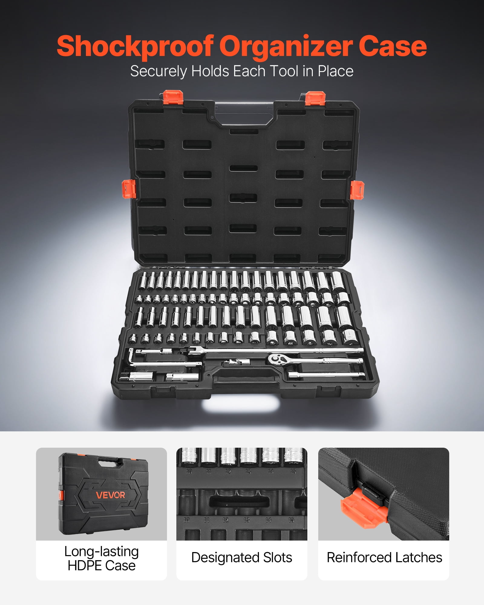 VEVOR Socket Set, 76 Pieces, 3/8 inch Drive Socket and Ratchet Set, SAE and Metric, Deep and Shallow, Mechanic Tool Kit with Accessories and Storage Case, CR-V Alloy Steel, for Automotive Repair