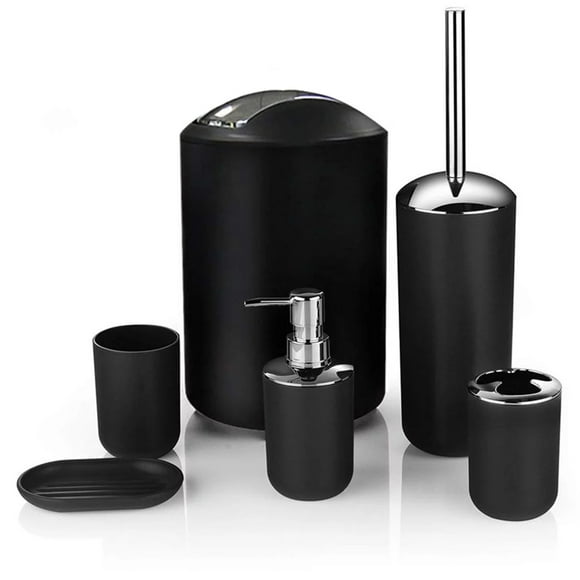 Ensemble d'Accessoires de Salle de Bain 6 Pcs Cadeau de Luxe Poubelle, Distributeur de Lotion, Porte-Brosse à Dents, Brosse Toliet avec Support, Gobelet, Porte-Savon pour Maison Hôtel Salle de Bain Noir