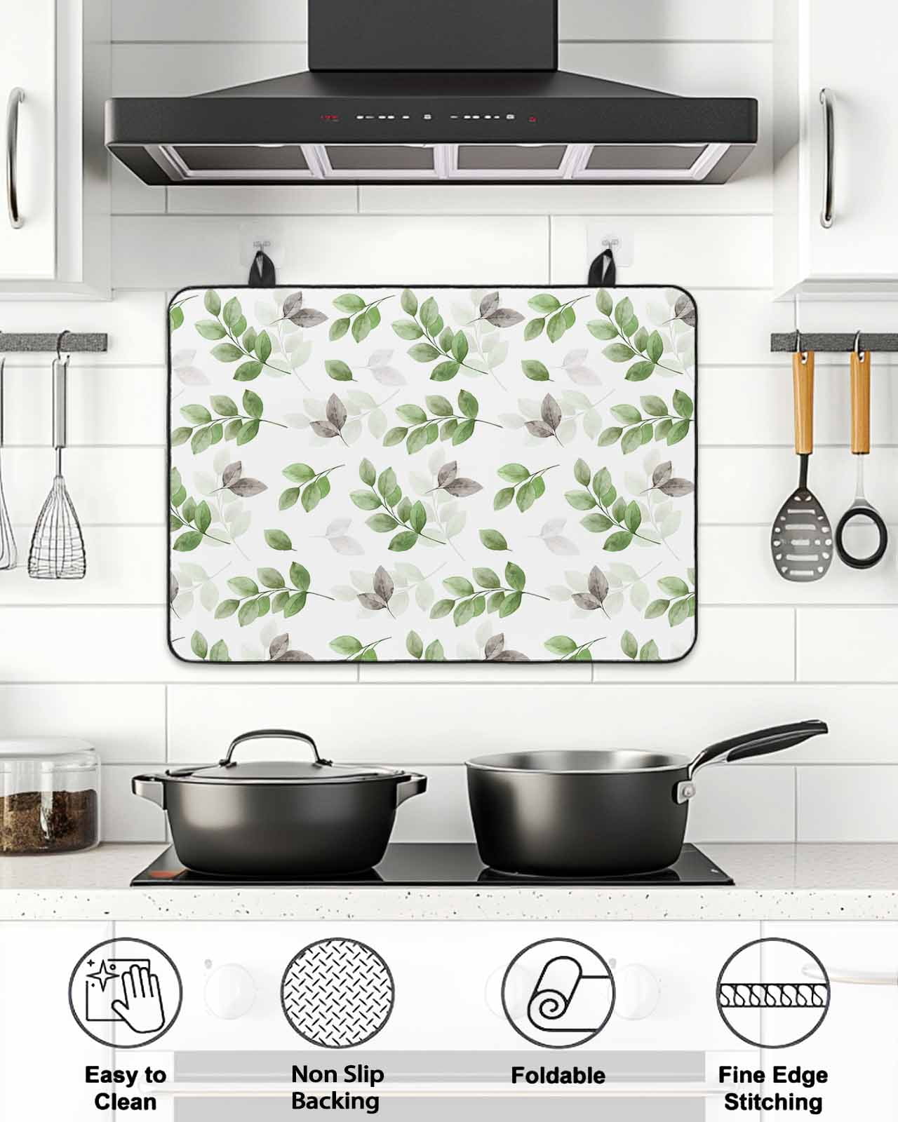 Stove Top Covers for Electric Stove, Green Botanical Fall Glass Stovetop Cover Protector, Pastoral Maple Leaf Autumn Induction Cooktop Protector Oven Mat for Kitchen Countertop 24"x21"