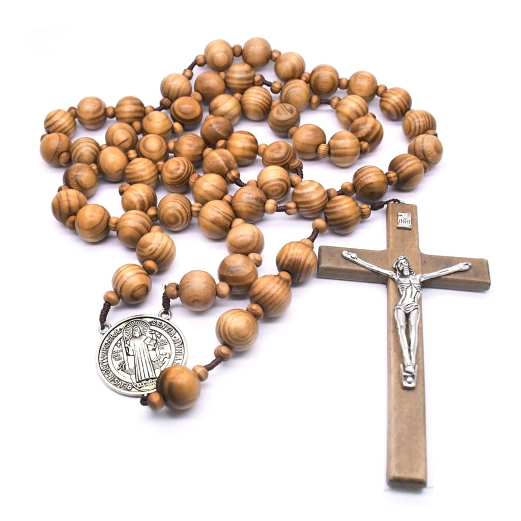 lanema Round Wood Rosary Beads Necklaces Christian Prayer Pendant Wall Cross Necklaces Religious Gift for Women Men Jewelry