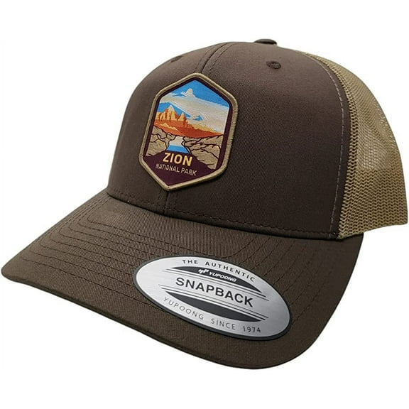 Zion National Park Trucker Hat w/Mesh Backing Woven Patch (Brown/Tan)