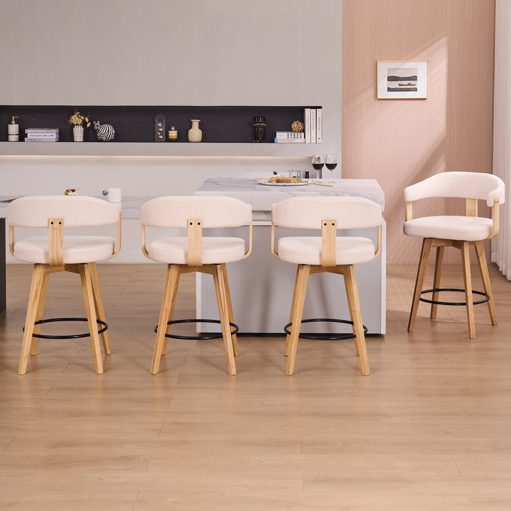 EYYTHUNG Swivel Boucle Barstool Set of 2, Mid Century Modern Dining Chairs with Arms and Wood Legs, Upholstered Kitchen Chairs, White and Natural Oak