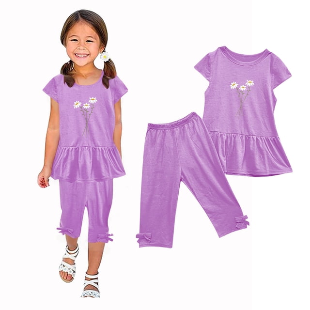 LSLJS Girl's Été Col Rond Petit Imprimé Manches Courtes Vol Élastique Taille Recadrée Pantalon Deux Pièces Ensemble Vêtements d'Été Vêtements pour Enfants à la Mode 2024