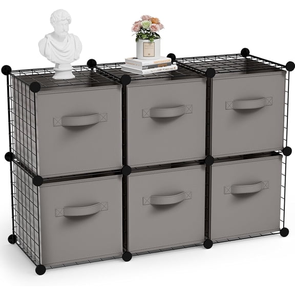 6 Cube Storage Organizer with Fabric Bins, Wire Grid Stackable Shelves, Foldable Storage Cubes with Handles for Closet Bedroom Living Room Toys Clothes Christmas Organizer(Black,Gray)