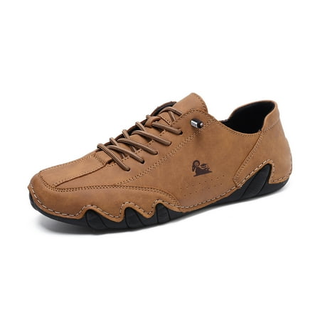Men s Slip on Loafers Breathable Leather Shoes Fashion Lace up Casual Lightweight Sneakers Rubber 7 Brown