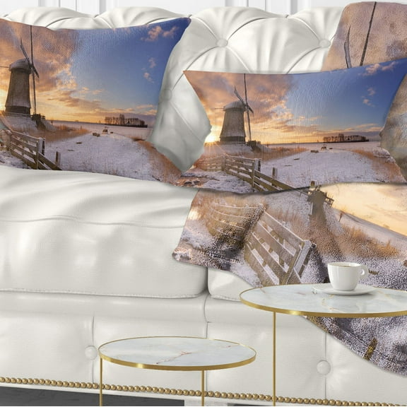 Designart Dutch Windmills at Sunrise - Abstract Throw Pillow - 12x20
